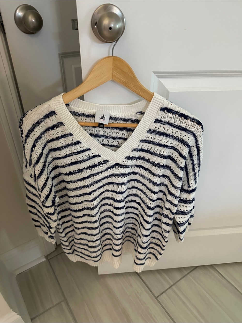 CAbi White and Navy Striped V-Neck Sweater
